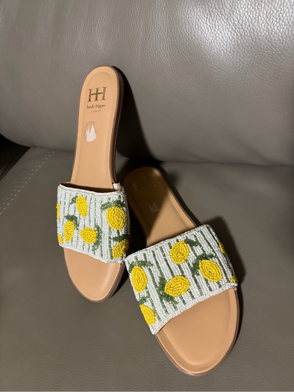 Haute Hippie Yellow  lemons Beaded Slide Sandals - Women's